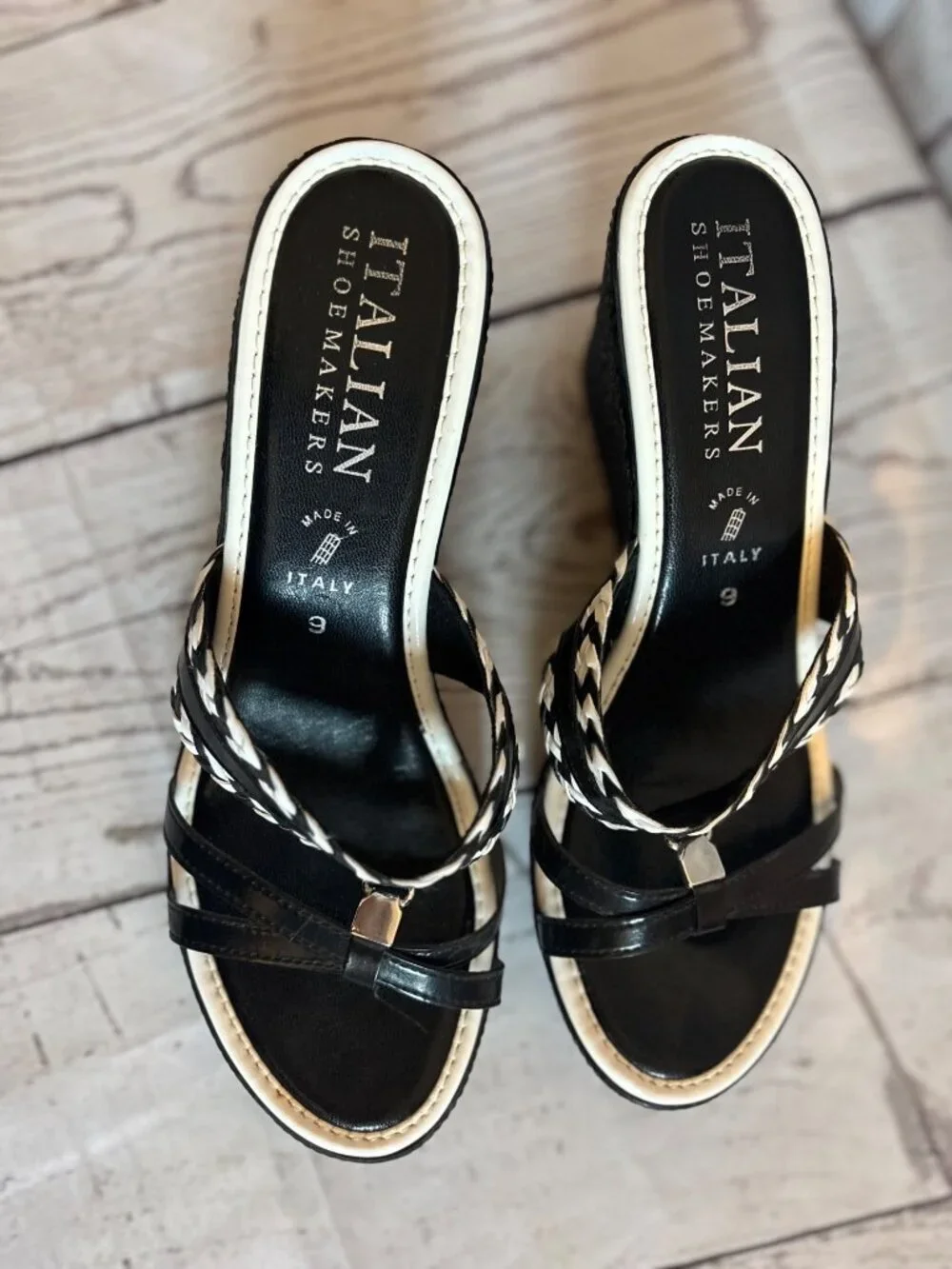 Italian Shoemakers Made In Italy Wedge Heel  Black & White Slide Sandals Shoes S